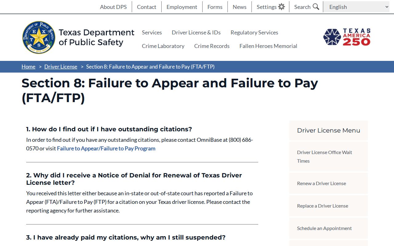 Jackson County traffic warrant records, Texas DPS FTA and failure-to-pay FAQ